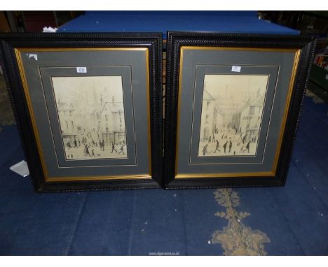A pair of ebony and gilt framed and mounted Prints taken from pencil drawings, signed R. Gilronan, depicting L.S. Lowry style