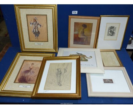 A quantity of pictures to include; a Limited Edition Richard Shirley Smith Print (no. 65/200) of a woman with cat, Pencil dra