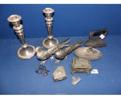 A quantity of plated and other metals including candlesticks, cock pheasants, old iron, trinket pots, etc.