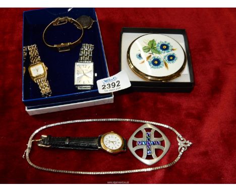 Three watches including; Rotary and Tissot, a Scottish brooch, a Stratton compact having floral design, etc.