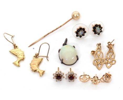 A mixed lot of gold and gemset jewellery: to include two pairs of sapphire and opal cluster earstuds, two pairs of drop earri