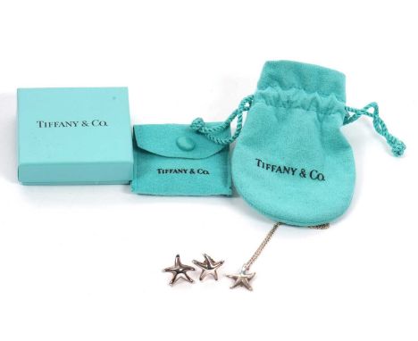 A Tiffany Elsa Peretti silver starfish necklace and matching earrings, the starfish pendant with silver chain with tag stampe