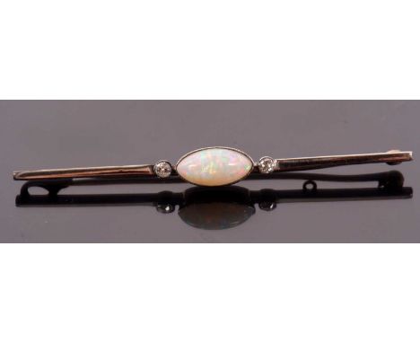 An opal and diamond bar brooch, the central oval marquise shape opal cabochon, approx. 11mm long x 4mm deep, set to either si