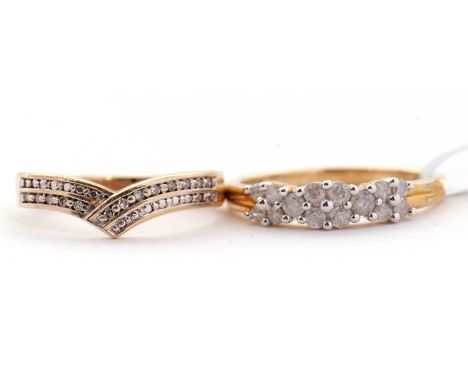 Two 9ct diamond rings: to include a 9ct ring set with three small diamond clusters, total weight of diamonds estimated approx