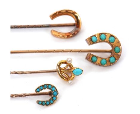 A group of cased stickpins: to include a turquoise and seed pearl stick pin stamped 15ct, a horseshoe stick pin stamped 18ct,
