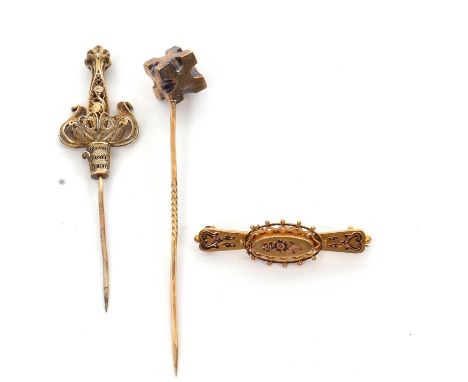 A group of cased stick pins: to include a 9ct late Victorian brooch hallmarked Chester 1900, 3.1g, cased; an unusual cube end