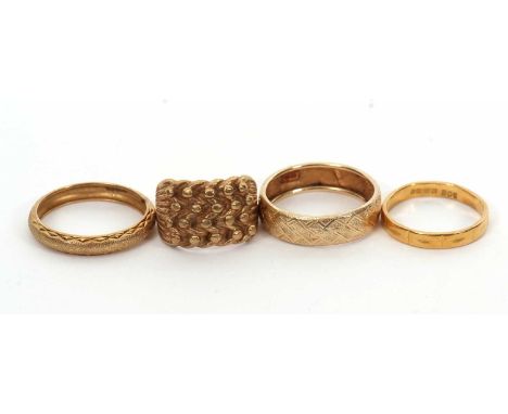 Three gold rings and another ring: to include a 22ct wedding band hallmarked Birmingham 1987, size O, 3.0g; a 14ct ring hallm