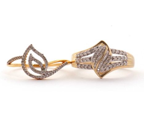 Two 9ct diamond rings: to include a three row diamond set crossover ring, with tapering shoulders and plain band stamped 10K 