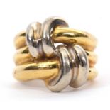 An unmarked two tone ring, the two strand crossover knot style ring, all in unmarked yellow