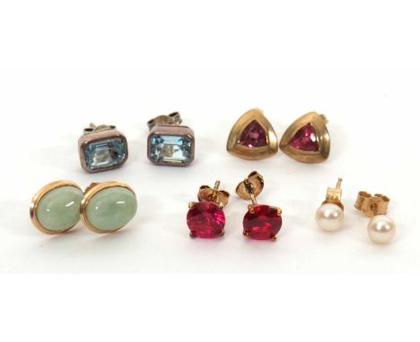 Five pairs of gemset earrings: to include a pair of 9ct culture pearls, a pair of 9K oval jade cabochons, a pair of 9ct tourm