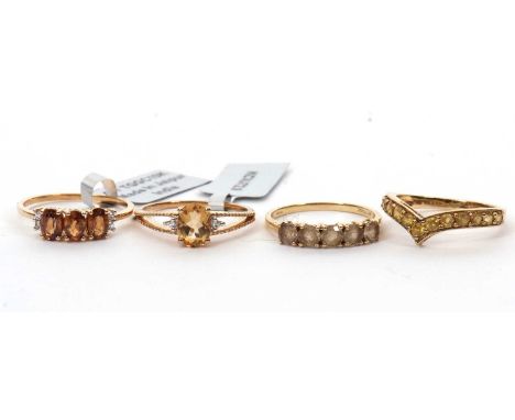Four 9ct gemset rings: to include a 9ct five stone citirine ring with plain band hallmarked Birmingham 2019, size R, 1.9; a 9