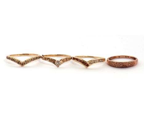 Three 9ct wishbone rings and a 9K ring: to include a 9ct pale green stone wishbone ring hallmarked Birmingham 2019, size R; a