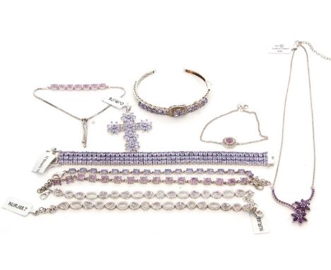 A quantity of silver and mixed purple/mauve stone jewellery: to include an amethyst flowerhead cluster and silver necklace; a