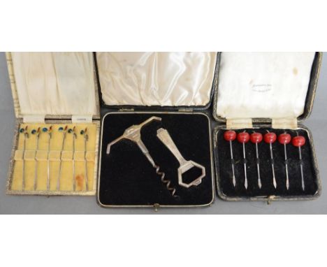 A Birmingham Silver Cork Screw with Bottle Opener within fitted lined case together with a set of six Birmingham silver cockt