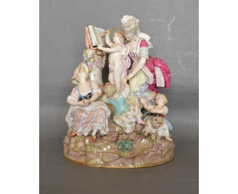 A Meissen Porcelain Group 'School of Love' Late 19th Century modelled as Six Ladies around Cupid reading from a Book with Lec