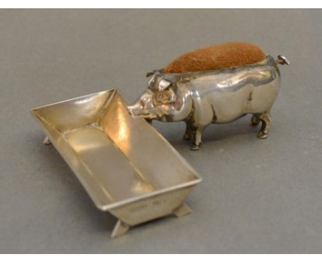 An Edwardian Silver Pin Cushion in the form of a Pig with Silver Trough, Birmingham 1907, makers Tozer Kernsley & Fisher 