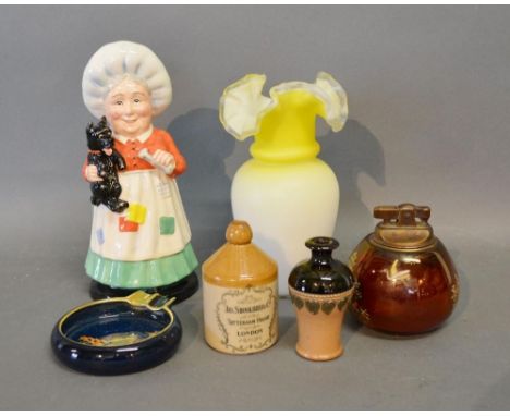 A Carlton Ware Lighter,  together with a similar Carlton Ware ashtray, a Royal Doulton figure of Mother Hubbard, an opaque gl