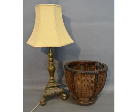 A Heavy Brass Table Lamp with Shade together with a Cane Waste Paper Bin 