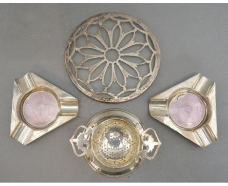 A Pair of Birmingham Silver and Enamel Ashtrays of Triangular Form, together with a Birmingham silver coaster and a Birmingha