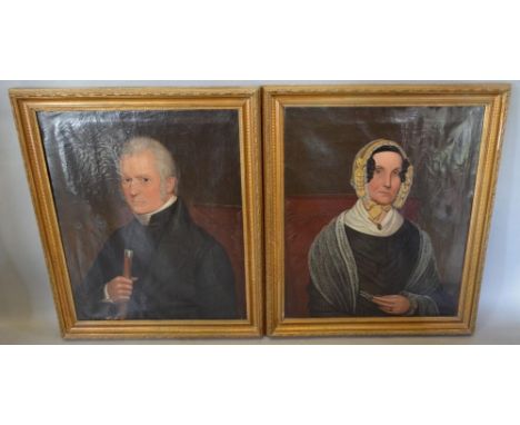 A Pair of 19th Century Oils On Canvas, Portrait of James   Allden and Elizabeth Beale within gilded frames, 76 x 62 cms 