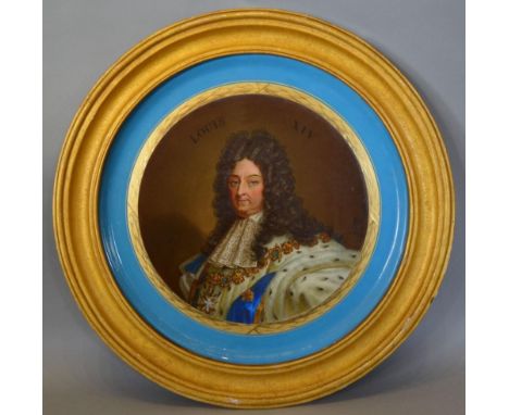 A Late 19th Century Sevres Porcelain Large Circular Plaque, Portrait of Louis XIV, and signed Pepin D'Apres Rigaud, wearing a