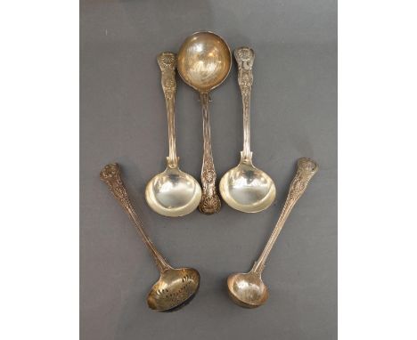 A Set of Three William IV Silver Ladles, London 1832, makers mark WE, together with a Victorian silver sifter spoon and anoth