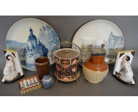 A Spode Porcelain Biscuit Barrel with Silver Plated Mounts decorated in the Imari palette, together with a small collection o