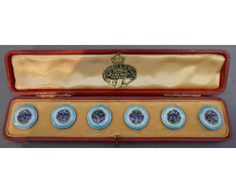 A Set of Six Birmingham Silver and Enamel Decorated Buttons within fitted lined case 