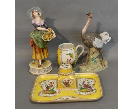 A Continental Porcelain Model of an Ostrich together with a Continental Porcelain Figure, a Dresden Porcelain Cup and an Inks