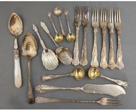 A Set of Six Sheffield Silver Cake Forks together with a small collection of silver flat ware to include mustard spoons, two 