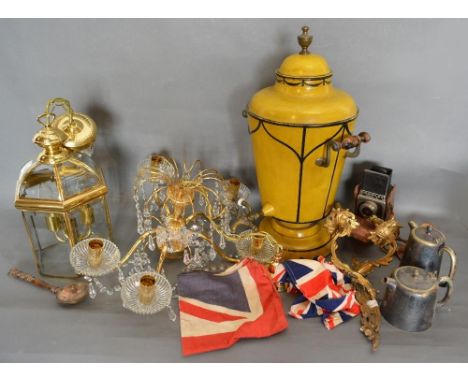 A Toleware Samovar together with a collection of other items to include a Chandelier, brass lantern type light fitting and a 