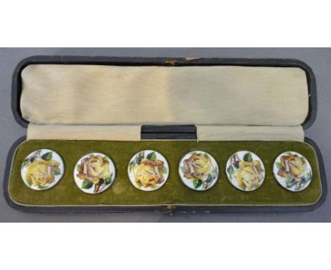 A Set of Six 935 Silver and Enamel Buttons each decorated with a yellow rose, within fitted lined case, 3cms diameter 