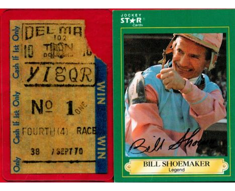 Horse racing William Shoemaker signed Jockey star trading card c/w rare laminated winning race ticket from 1970 where Shoemak
