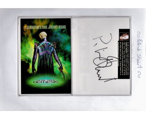 Actor Patrick Stewart (Star Trek) Signed Signature card with Nemesis Card Print, both attached to A4 Sheet of Paper. Great Si