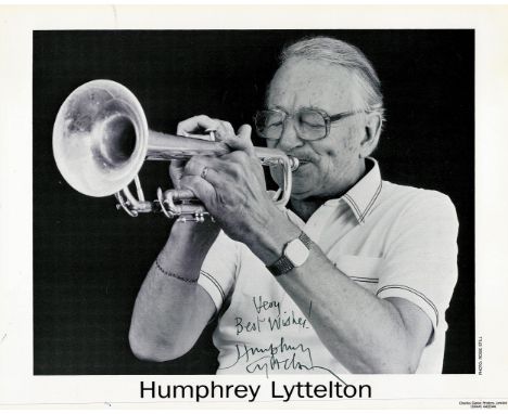 English Jazz Musician Humphrey Lyttelton Signed 10x8 Black and White Photo of Himself playing his Trumpet. Humphrey Richard A