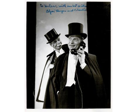 Ventriloquist Edgar Bergen signed vintage 10 x 8 inch b/w photo with Puppet Charlie, to Helen. Est.