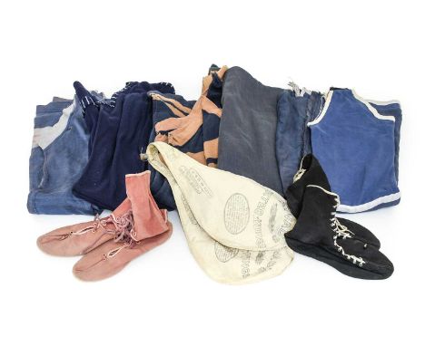 Early 20th Century Bathing Suits and Swimming Accessories, comprising a sleeveless blue serge drop waist dress, two patched p