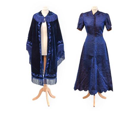 Victorian Blue Velvet and Silk Reversible Shoulder Cape comprising a fringed collar and hem, embroidered overall with floral 