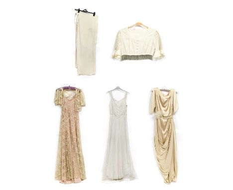 Circa 1930s Style Cream Silk Draped 'Grecian' Wedding Dress with short sleeves with open seams, scooped neckline, multi butto