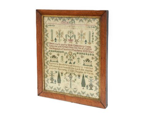 An Alphabet Sampler worked by Anne Mitchell dated 1830, comprising alphabet and religious verses, decorative motifs include w