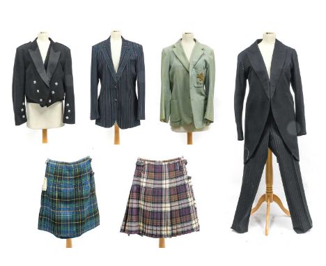 Assorted Gentleman's Costume comprising two wool kilts of different designs, a kilt jacket and waistcoat, a Rider &amp; Aimes