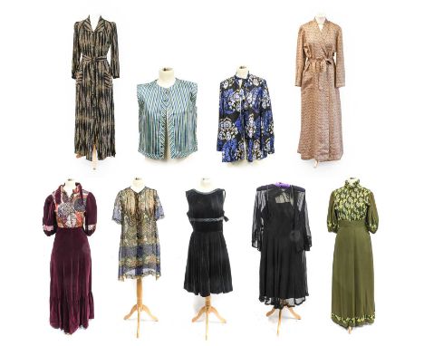 Circa 1930-70s Ladies Costume, comprising a black crepe dressing robe in black and paisley stripes, collar, button fastening,