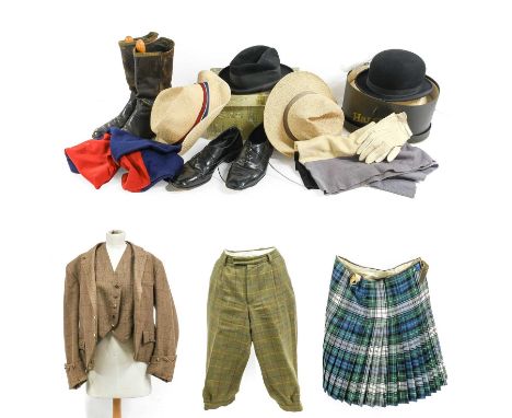 Mainly 20th Century Gents Costume and Accessories, comprising a pair of Moss Bros black leather calf length boots with wooden