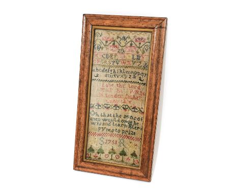 Alphabet and Verse Sampler Intialled SR and Dated 1751, worked in bands incorporating coloured threads and decorative flower 