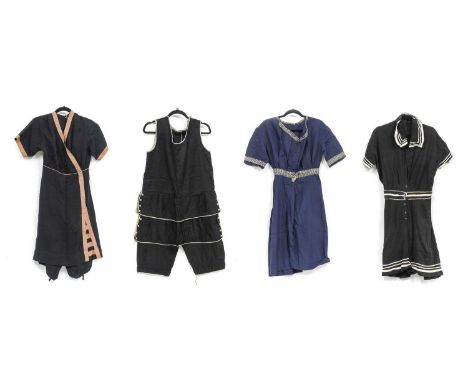 Four Edwardian and Later Bathing Suits comprising a black serge dress with attached bloomers with short sleeves, v-shaped wra
