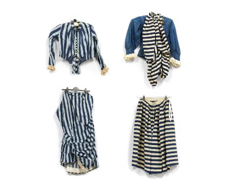 Late 19th Century Bathing Costumes comprising a three piece suit of a fitted long sleeve bodice in indigo blue cotton with a 