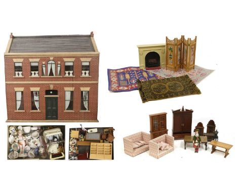 A Very Large 20th Century Dolls House with a brick painted facade featuring eight rectangular windows with curtains painted t