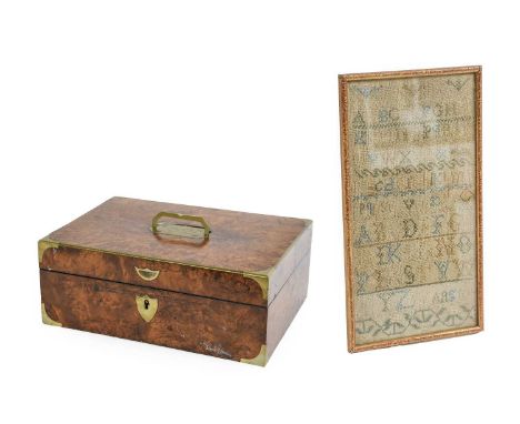 19th Century Burr Walnut Hinged Jewellery Box with brass mounts, velvet lined with two fitted lift out trays, inscribed 'Flor