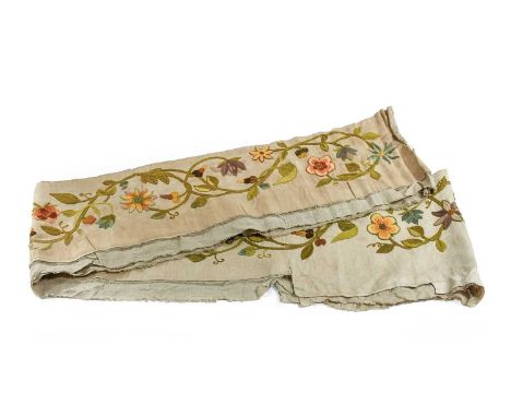 Early 20th Century Crewelwork Panel/Pelmet, decorated with sinuous wool floral and leaf designs on linen, with a linen backin