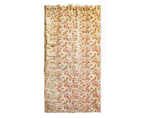 Large Late 19th Century Wool Work Curtain, worked with scrolling floral and leaf motifs in red, orange and brown on a dark cr